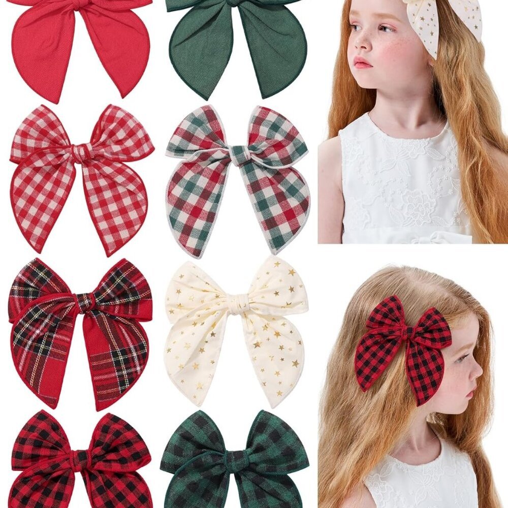 8PCS Baby Girls Hair Clips Large Christmas Fable Hair Bows Cotton Linen Bows for